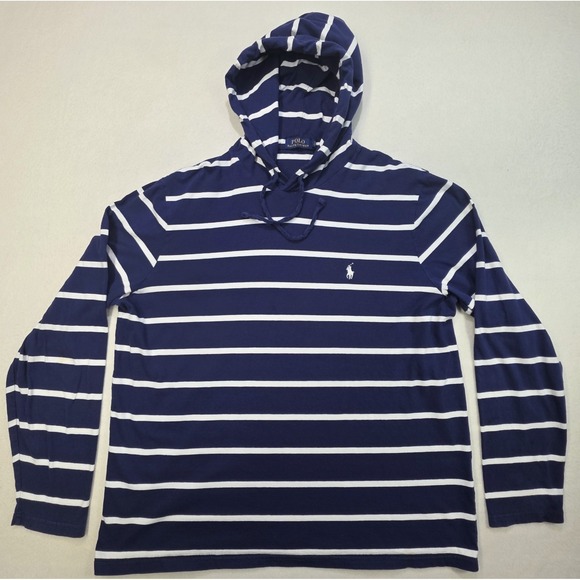 Polo Ralph Lauren Hoodie Shirt Men XL Pullover Lightweight Cotton Striped Blue - Picture 2 of 9